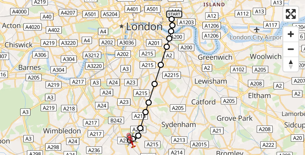 Flight route Air Ambulance Helicopter Royal London Hospital - Norbury, 28 August 2026, 08:07