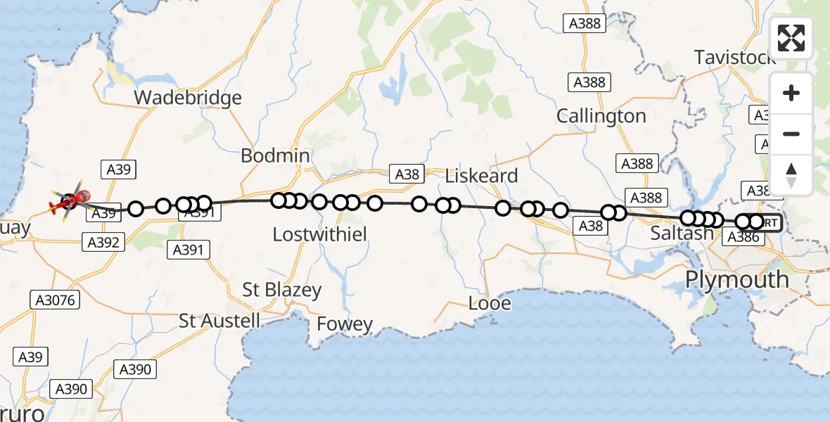 Flight route Air Ambulance Helicopter Derriford Hospital - Cornwall Airport Newquay, 28 August 2026, 08:18