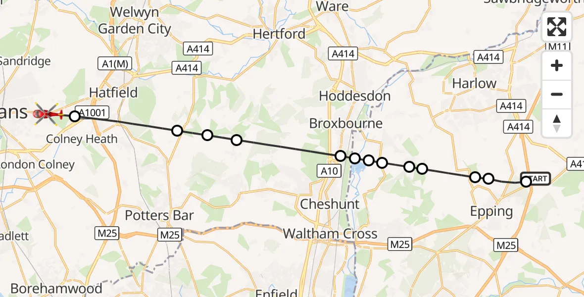 Flight route Air Ambulance Helicopter North Weald Airfield - St Albans, 28 August 2026, 08:26