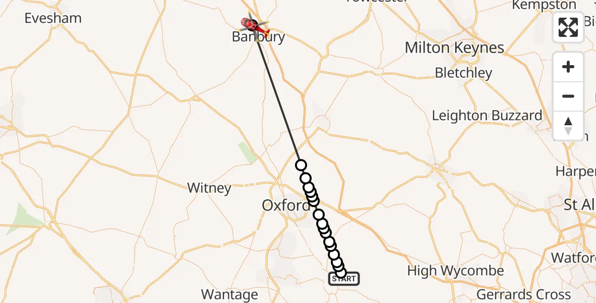 Flight route Air Ambulance Helicopter RAF Benson - Banbury, 28 August 2026, 08:27