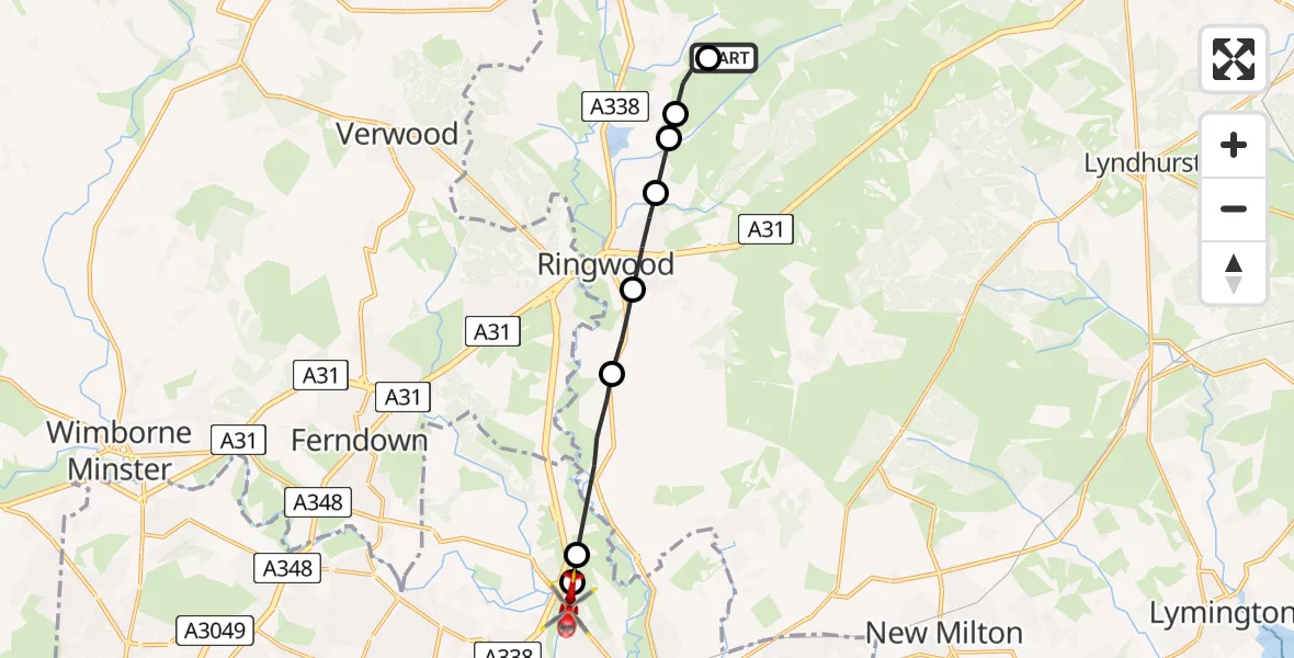 Flight route Air Ambulance Helicopter New Forest - Christchurch, 28 August 2026, 08:29