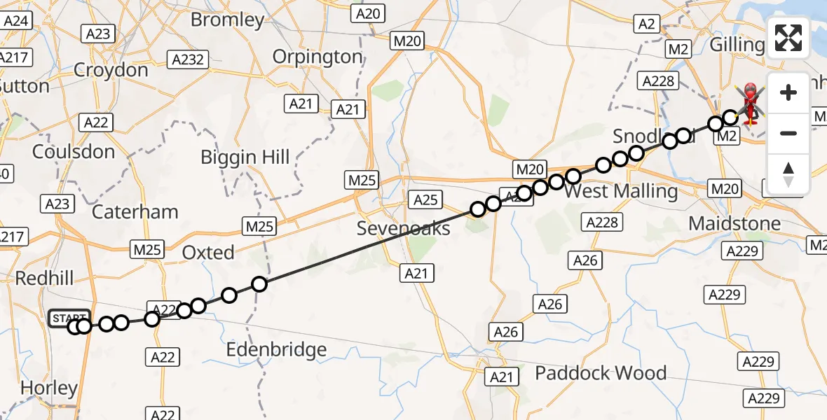 Flight route Air Ambulance Helicopter Redhill Aerodrome - Chatham, 28 August 2026, 08:48