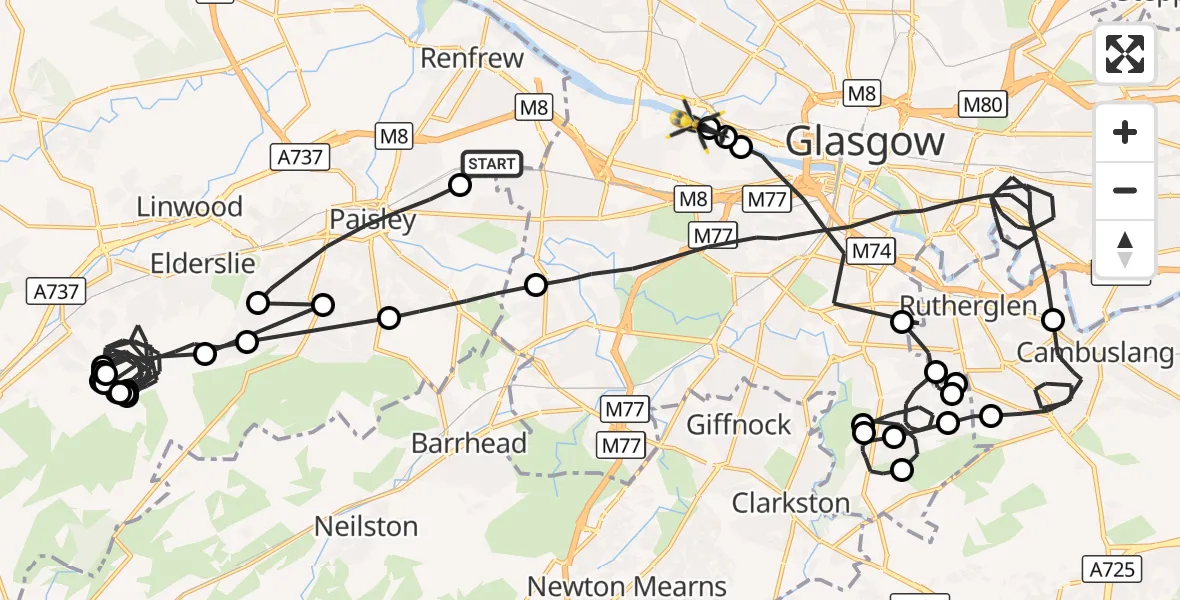 Flight route Police Helicopter Renfrew - Glasgow, 28 August 2026, 08:52
