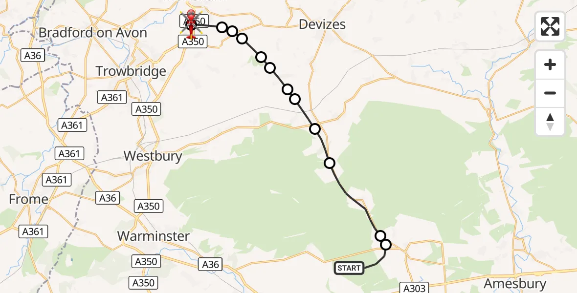 Flight route Air Ambulance Helicopter Shrewton - Wiltshire Air Ambulance, 28 August 2026, 09:04