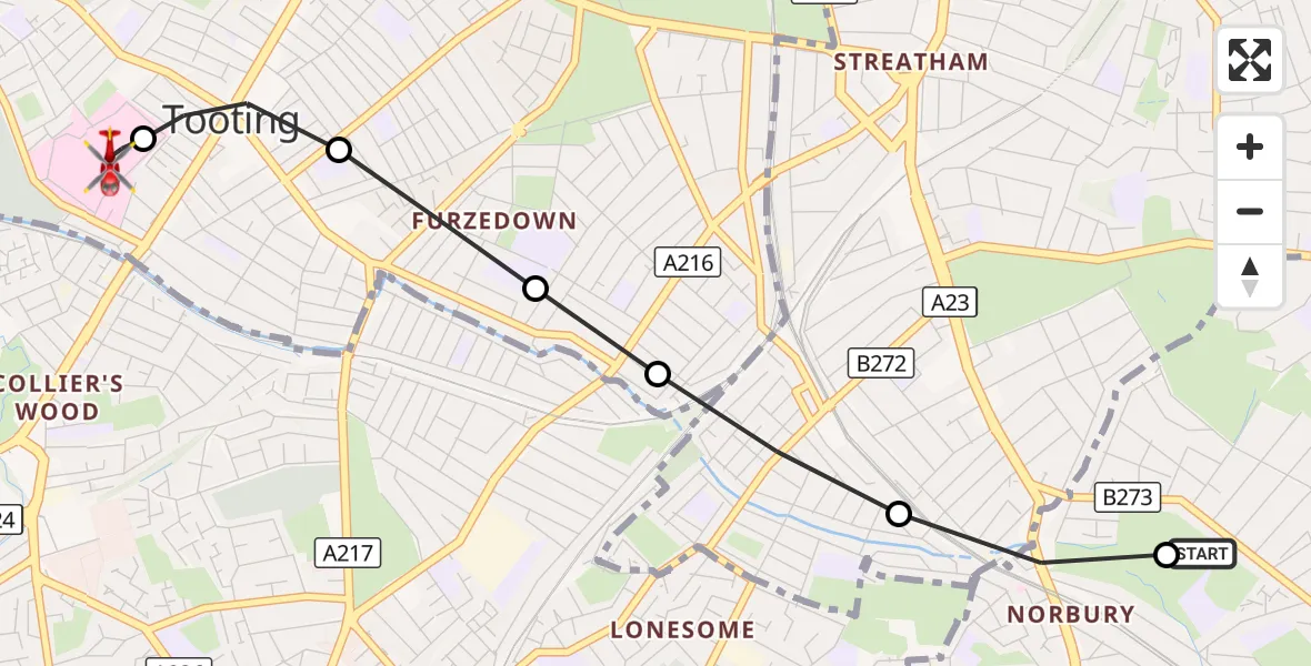 Flight route Air Ambulance Helicopter Thornton Heath - St Georges Hospital, 28 August 2026, 09:10