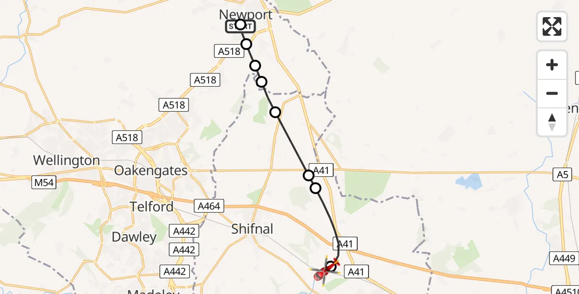 Flight route Air Ambulance Helicopter Newport - Shifnal, 28 August 2026, 09:28