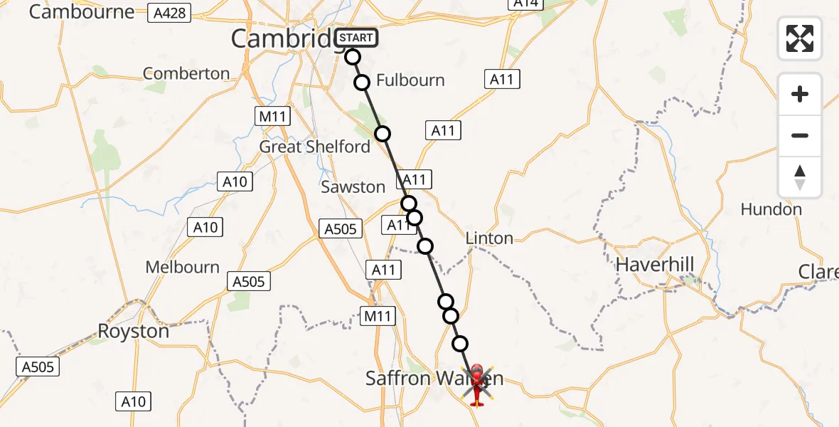 Flight route Air Ambulance Helicopter Cambridge City Airport - Sewards End, 28 August 2026, 09:28
