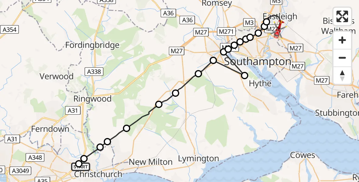 Flight route Air Ambulance Helicopter Royal Bournemouth Hospital - Southampton Airport, 28 August 2026, 09:31