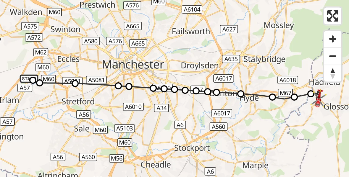 Flight route Air Ambulance Helicopter Manchester Barton Aerodrome - Woolley, 28 August 2026, 09:39