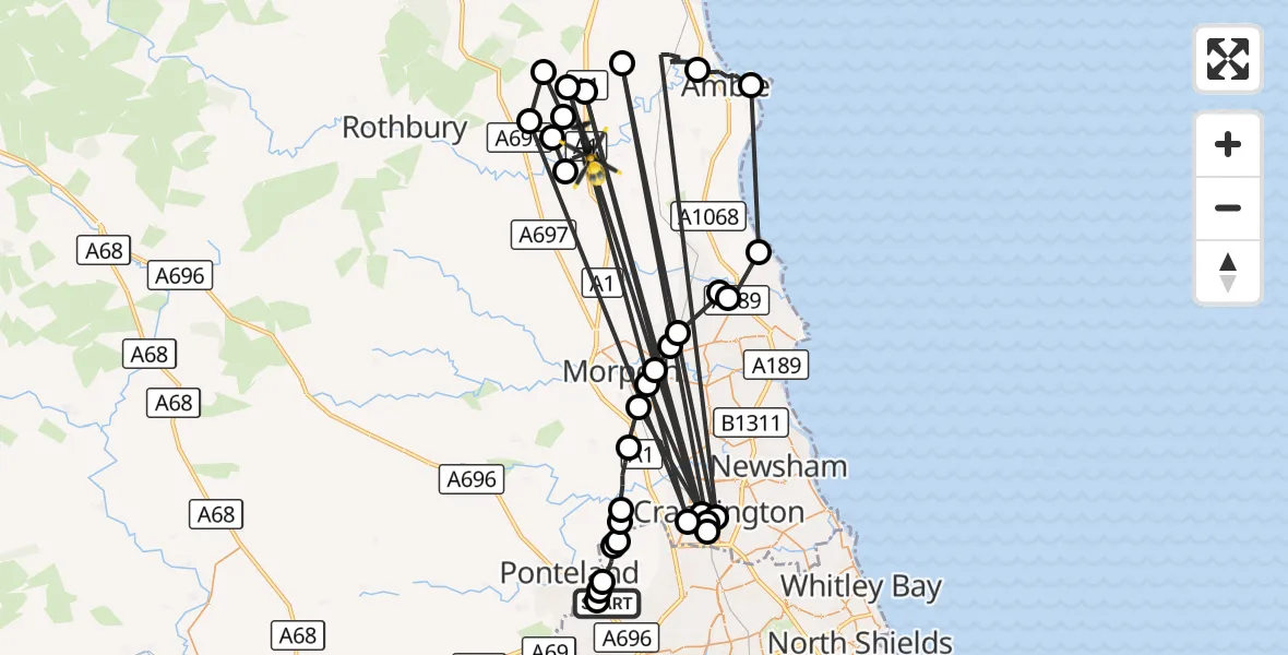 Flight route Police Helicopter Newcastle International Airport - Felton, 28 August 2026, 09:47