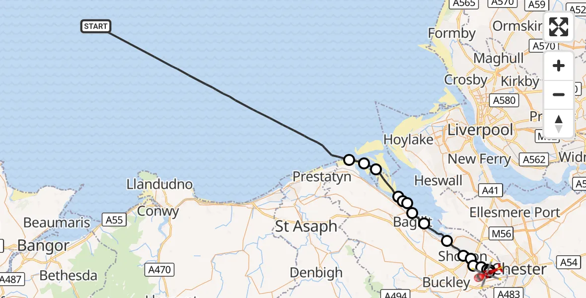 Flight route Air Ambulance Helicopter Irish Sea - Hawarden Airport, 28 August 2026, 09:49