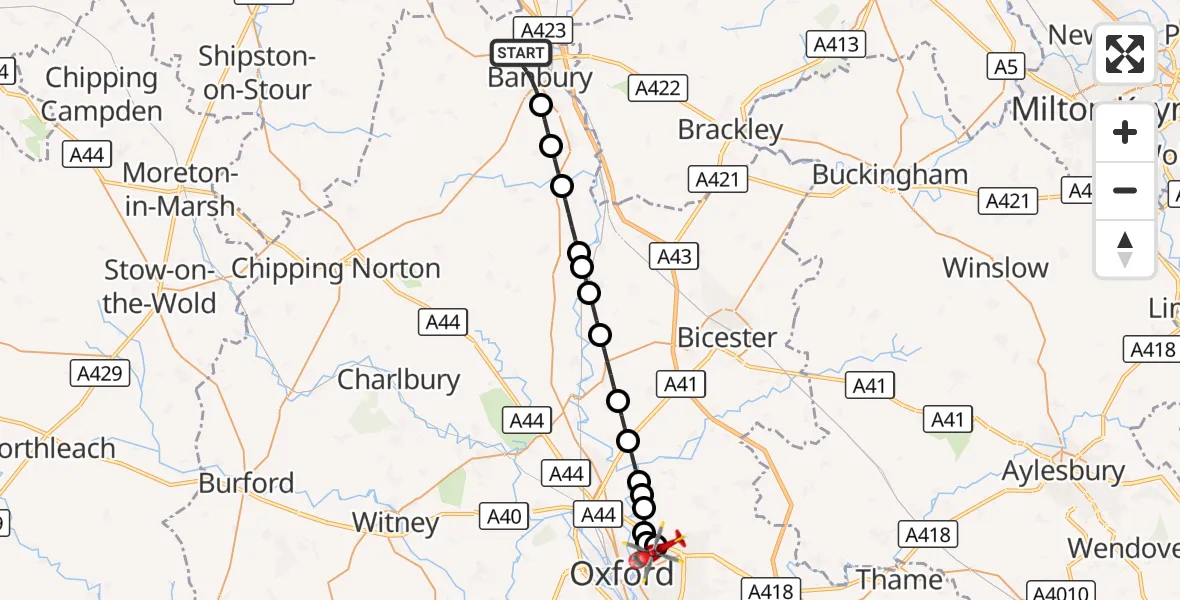 Flight route Air Ambulance Helicopter Banbury - Oxford, 28 August 2026, 09:53