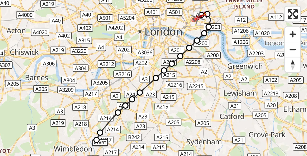 Flight route Air Ambulance Helicopter St Georges Hospital - Royal London Hospital, 28 August 2026, 10:14