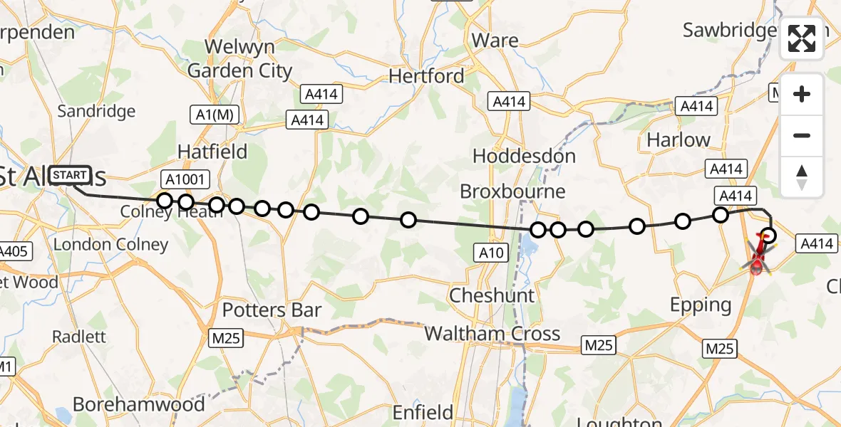Flight route Air Ambulance Helicopter St Albans - North Weald Airfield, 28 August 2026, 10:29
