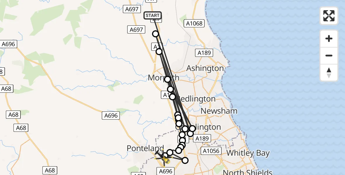 Flight route Police Helicopter Thirston - Newcastle International Airport, 28 August 2026, 10:35