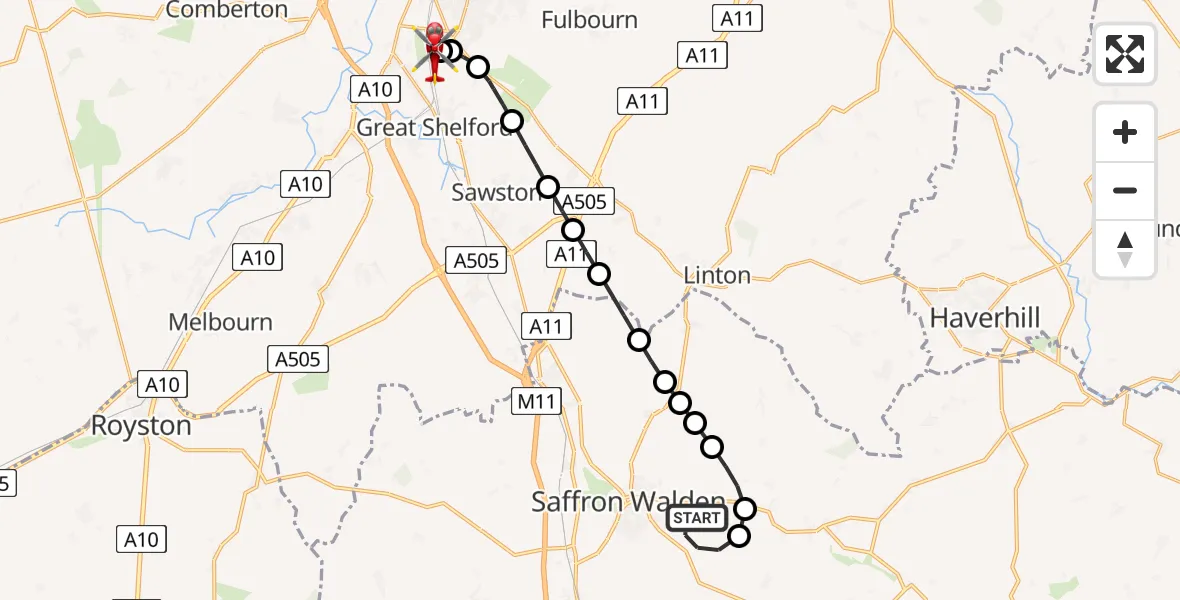 Flight route Air Ambulance Helicopter Sewards End - Papworth Hospital, 28 August 2026, 10:36