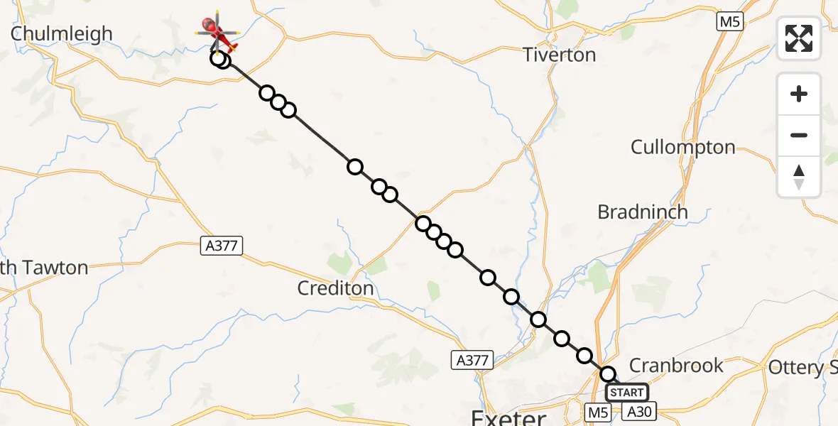 Flight route Air Ambulance Helicopter Clyst Honiton - East Worlington, 28 August 2026, 10:39