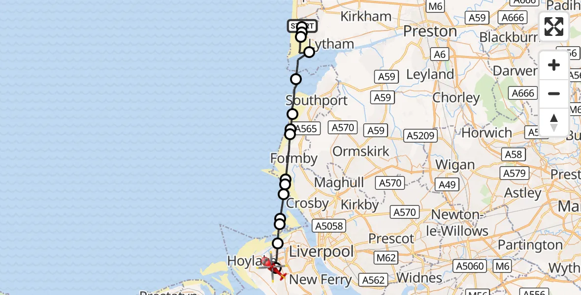 Flight route Air Ambulance Helicopter Blackpool Airport - Greasby, 28 August 2026, 10:40