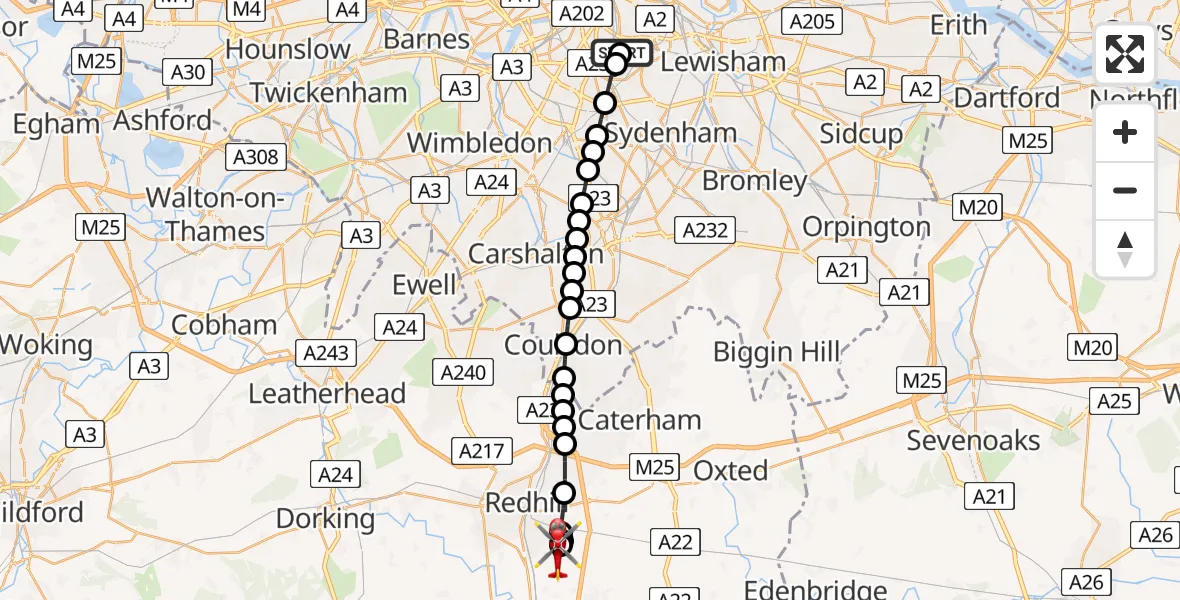 Flight route Air Ambulance Helicopter Kings College London Hospital - Redhill Aerodrome, 28 August 2026, 10:48