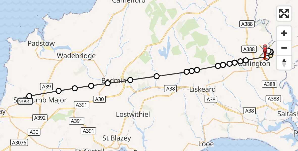 Flight route Air Ambulance Helicopter Cornwall Airport Newquay - Callington, 28 August 2026, 10:58