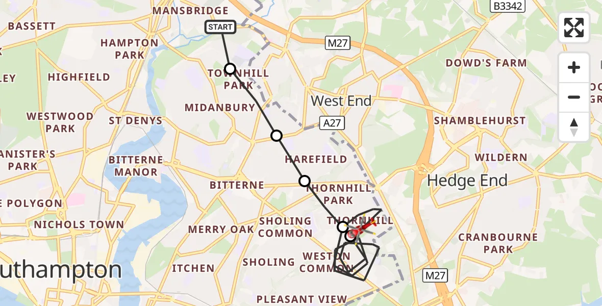 Flight route Air Ambulance Helicopter Mansbridge - Hedge End, 28 August 2026, 10:58