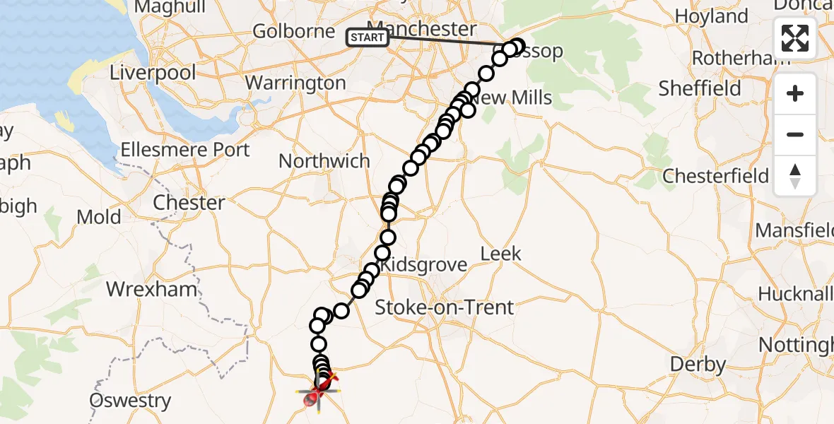 Flight route Air Ambulance Helicopter Manchester Barton Aerodrome - Tern Hill, 28 August 2026, 10:59