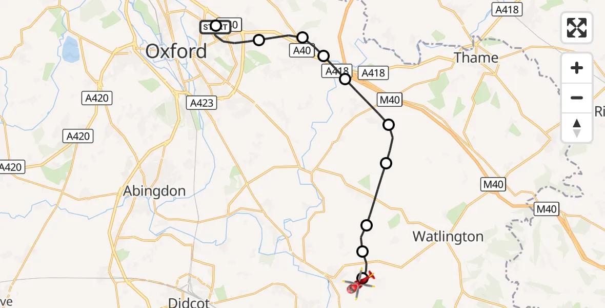 Flight route Air Ambulance Helicopter John Radcliffe Hospital - RAF Benson, 28 August 2026, 11:10