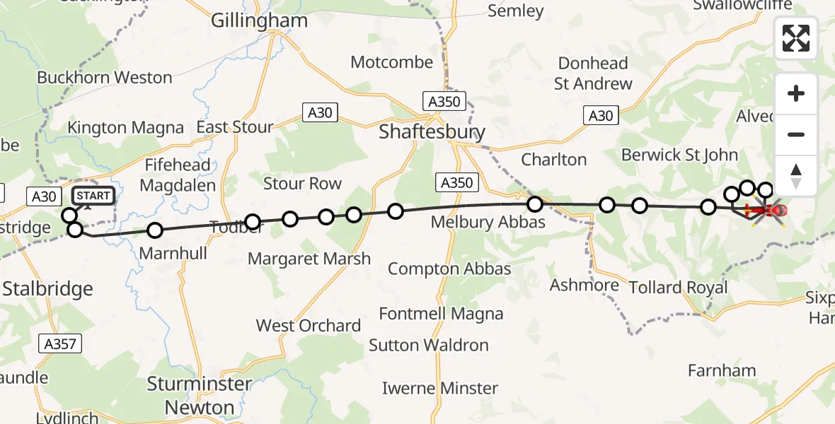 Flight route Air Ambulance Helicopter Henstridge Airfield - Berwick St. John, 28 August 2026, 11:20