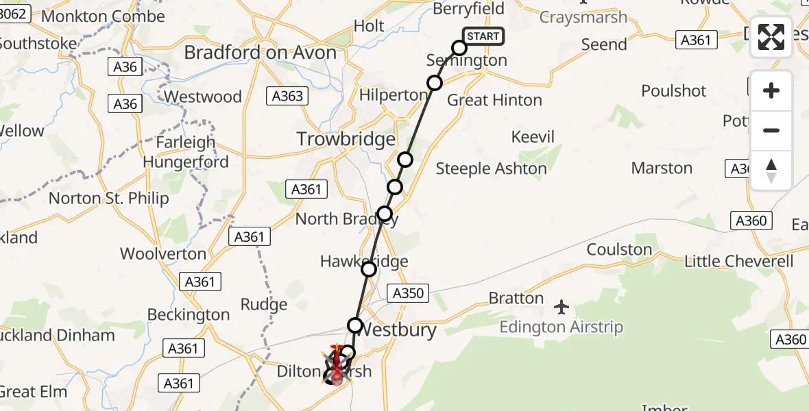 Flight route Air Ambulance Helicopter Wiltshire Air Ambulance - Dilton Marsh, 28 August 2026, 11:34