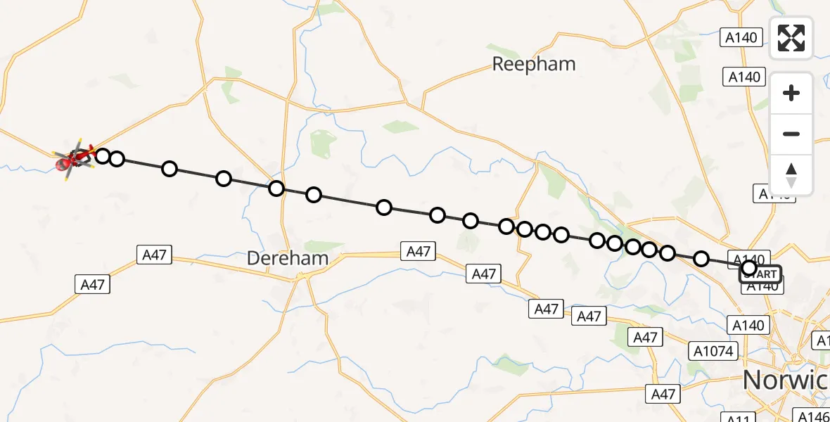 Flight route Air Ambulance Helicopter Norwich Airport - Litcham, 28 August 2026, 11:37