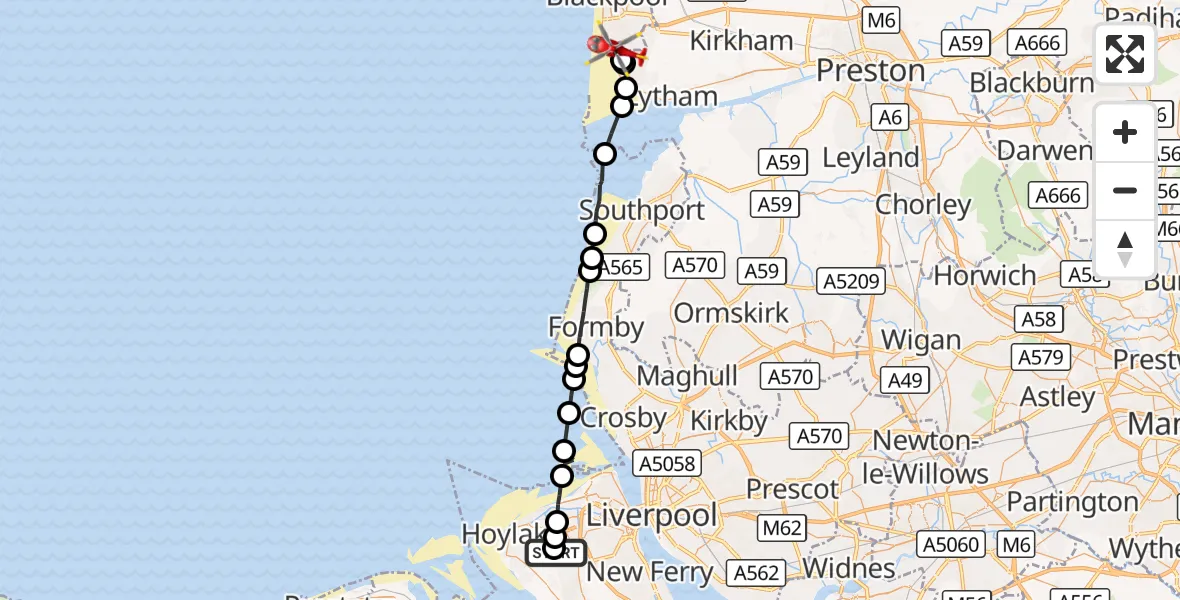 Flight route Air Ambulance Helicopter Greasby - Blackpool Airport, 28 August 2026, 11:42