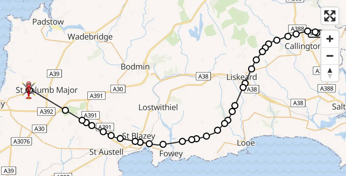 Flight route Air Ambulance Helicopter Harrowbarrow - Cornwall Airport Newquay, 28 August 2026, 11:48