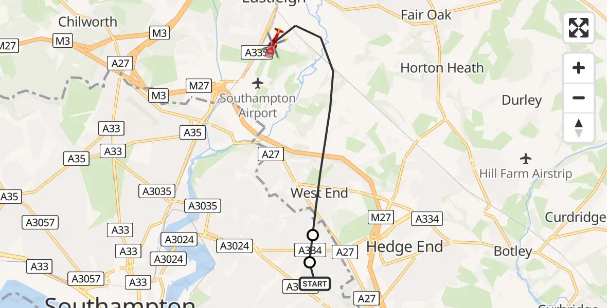 Flight route Air Ambulance Helicopter Weston Common - Southampton Airport, 28 August 2026, 11:57