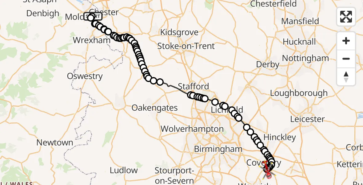 Flight route Air Ambulance Helicopter Hawarden Airport - Coventry Airport, 28 August 2026, 11:57