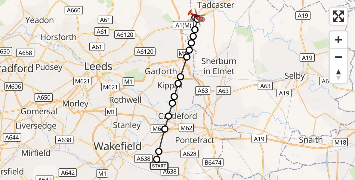 Flight route Air Ambulance Helicopter YAA Nostell Helicopter Port - Stutton with Hazlewood, 28 August 2026, 12:05