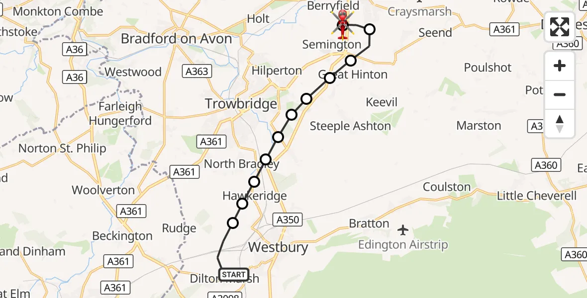 Flight route Air Ambulance Helicopter Dilton Marsh - Wiltshire Air Ambulance, 28 August 2026, 12:06
