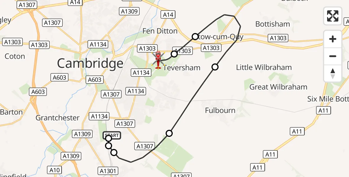 Flight route Air Ambulance Helicopter Papworth Hospital - Cambridge City Airport, 28 August 2026, 12:08