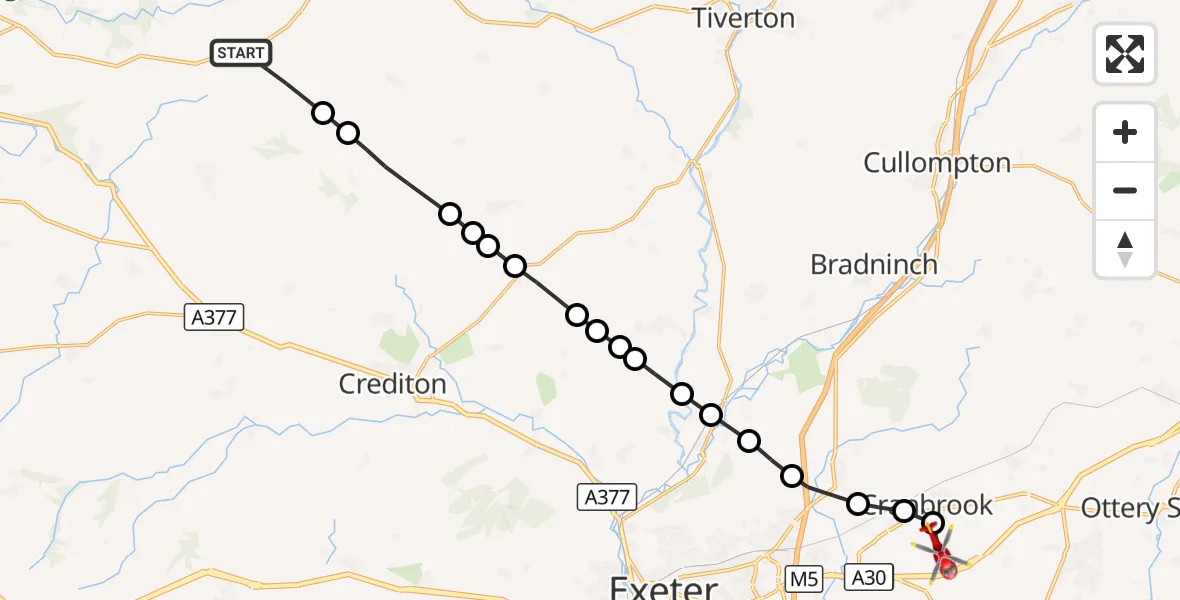 Flight route Air Ambulance Helicopter Mid Devon - Rockbeare, 28 August 2026, 12:08