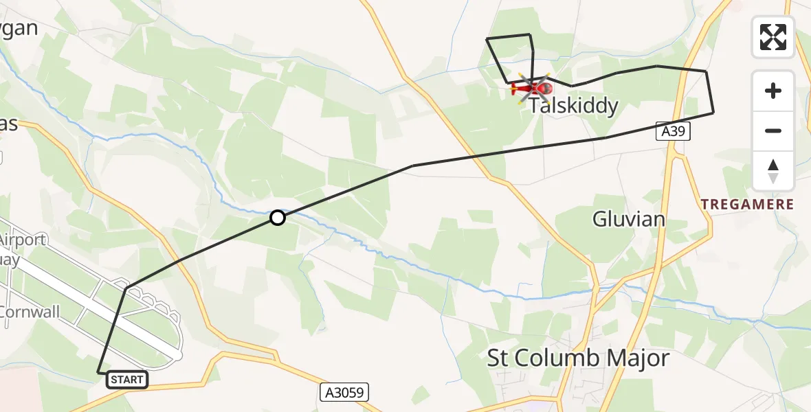 Flight route Air Ambulance Helicopter Cornwall Airport Newquay - St. Columb Major, 28 August 2026, 12:23