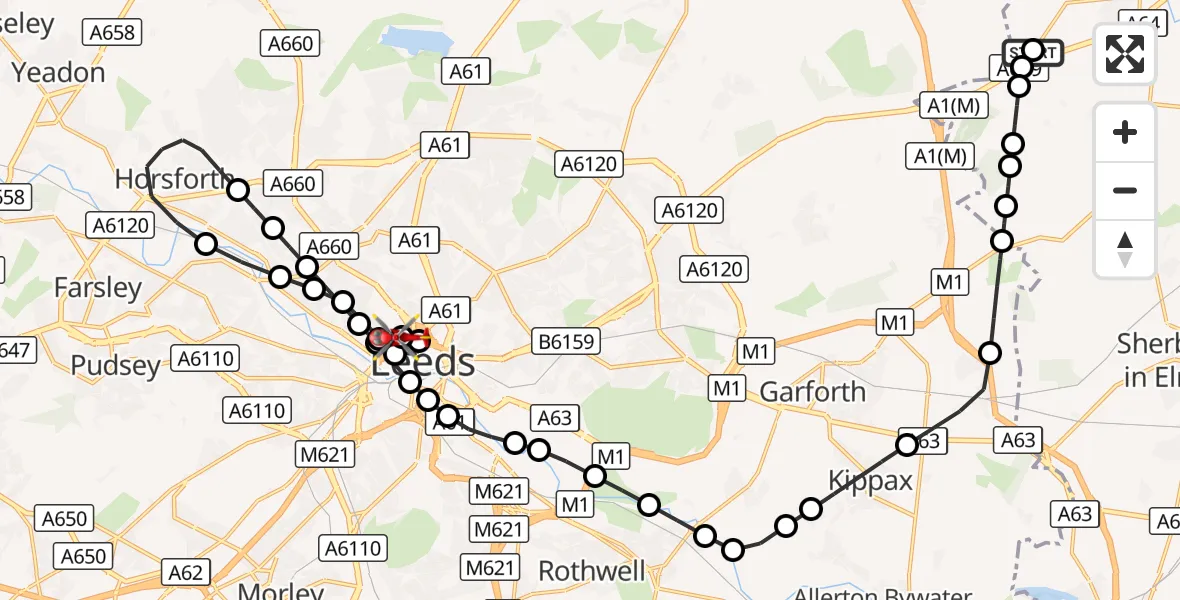 Flight route Air Ambulance Helicopter Tadcaster - Burley, 28 August 2026, 12:40
