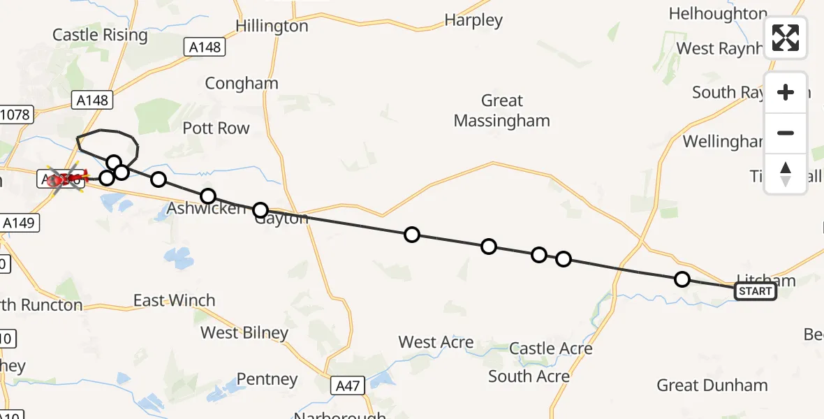 Flight route Air Ambulance Helicopter Litcham - King's Lynn and West Norfolk, 28 August 2026, 12:47