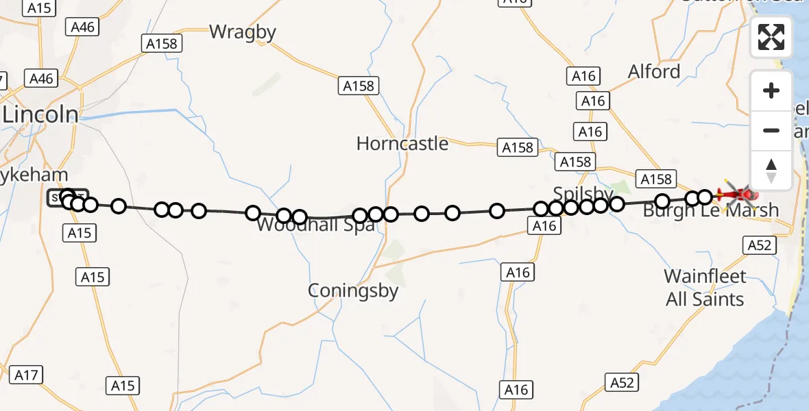 Flight route Air Ambulance Helicopter RAF Waddington - Burgh Le Marsh, 28 August 2026, 12:47