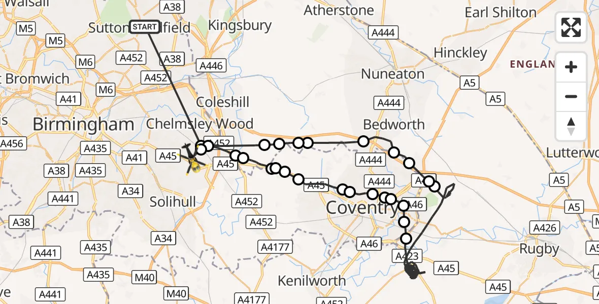 Flight route Police Helicopter Sutton Coldfield - Birmingham Airport, 28 August 2026, 12:49