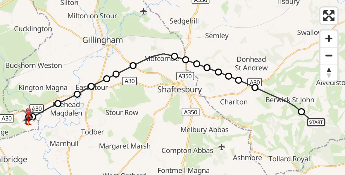 Flight route Air Ambulance Helicopter Berwick St. John - Henstridge Airfield, 28 August 2026, 12:52