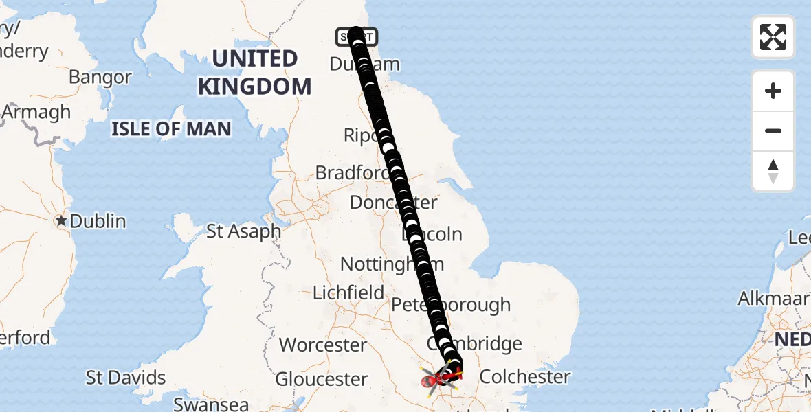 Flight route Air Ambulance Helicopter Newcastle International Airport - London Luton Airport, 28 August 2026, 12:56