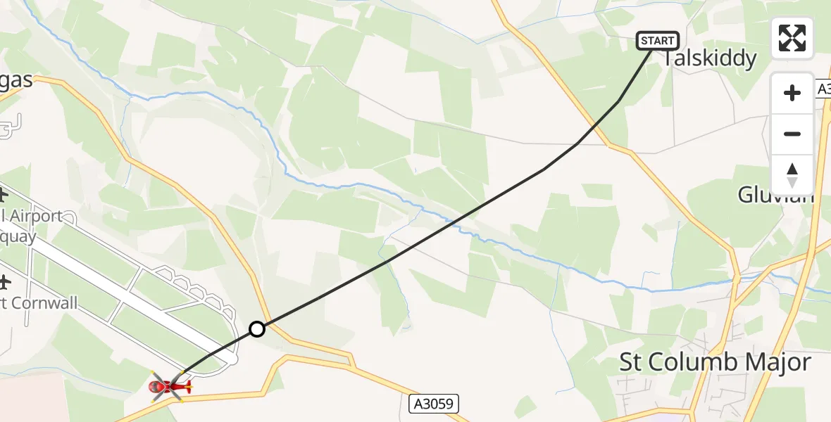 Flight route Air Ambulance Helicopter St. Columb Major - Cornwall Airport Newquay, 28 August 2026, 13:00