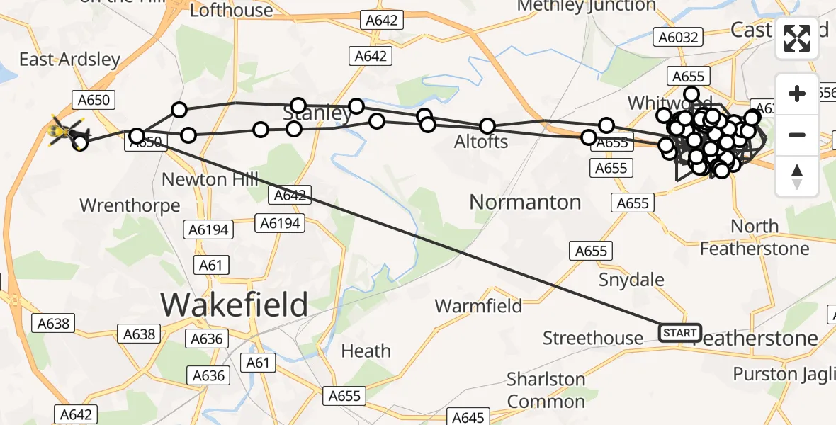 Flight route Police Helicopter Featherstone - Ossett, 28 August 2026, 13:10