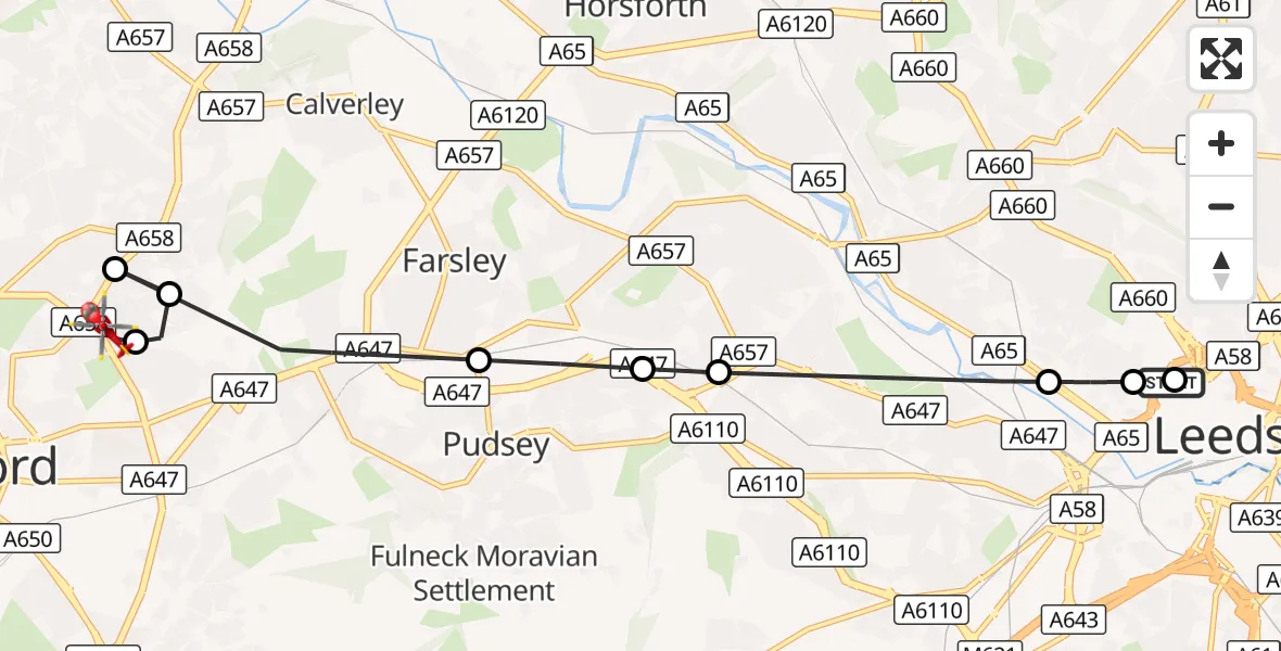 Flight route Air Ambulance Helicopter Woodhouse - Undercliffe, 28 August 2026, 13:27