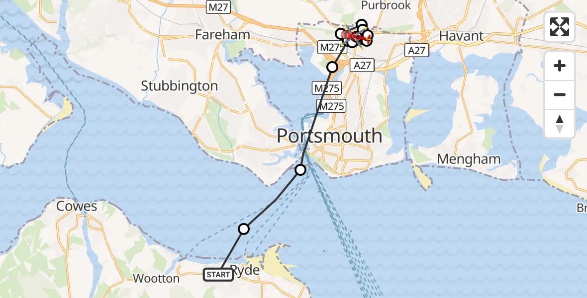 Flight route Air Ambulance Helicopter Ryde - Queen Alexandra Hospital, 28 August 2026, 13:28