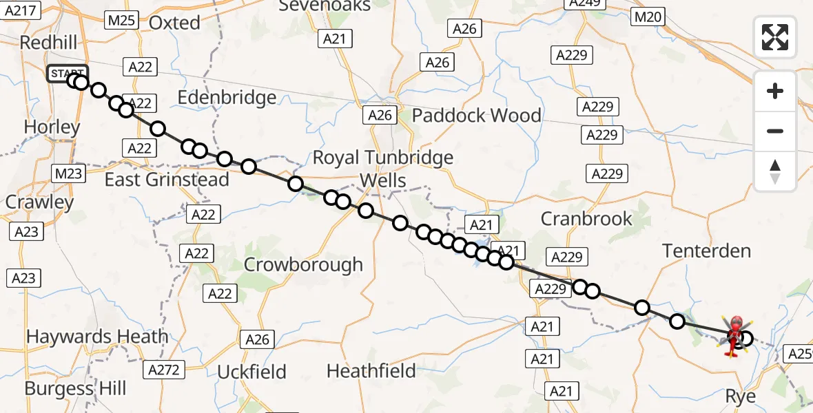 Flight route Air Ambulance Helicopter Redhill Aerodrome - Ashford, 28 August 2026, 13:37